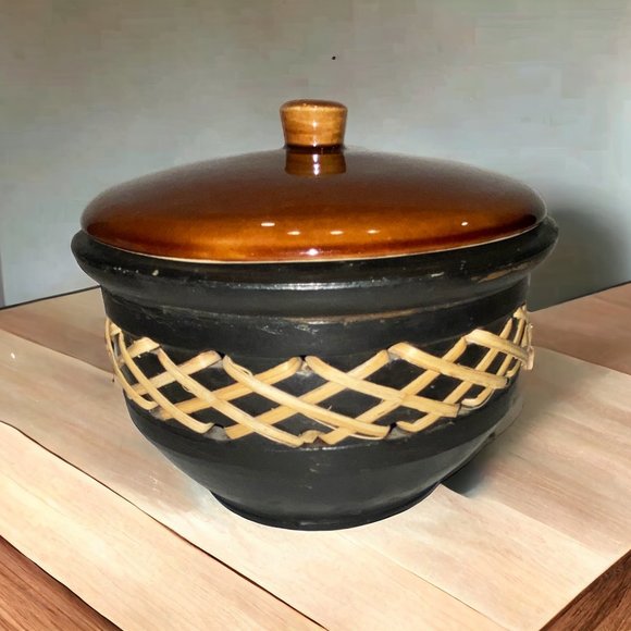 Ceramic Textured Decorative Bowl Jar with Lid Brown and Black Braided - Picture 1 of 6